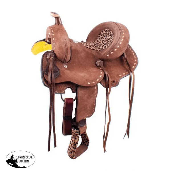 10" Double T  Youth Hard Seat Barrel style saddle with Cheetah Seat.
