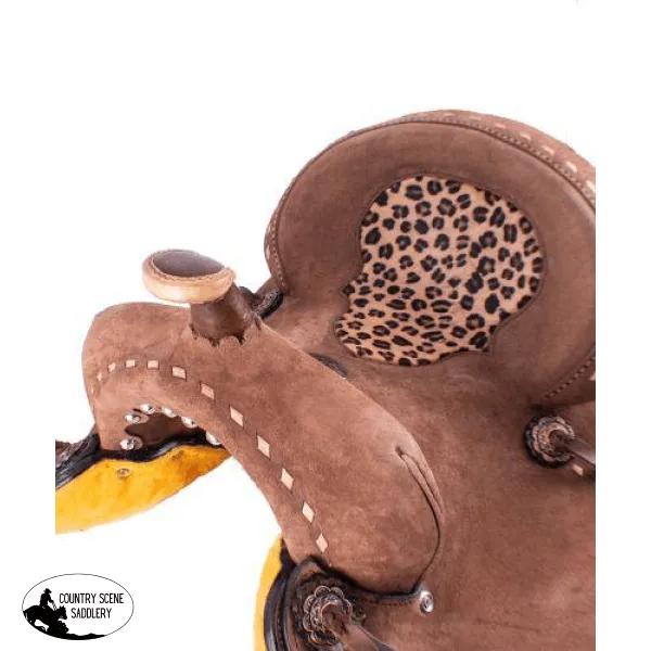 10" Double T  Youth Hard Seat Barrel style saddle with Cheetah Seat.