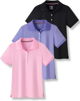 3 Pack Youth Girls' Performance Polo Shirts, Short Sleeve Pique Collared Kids School Uniform Tops