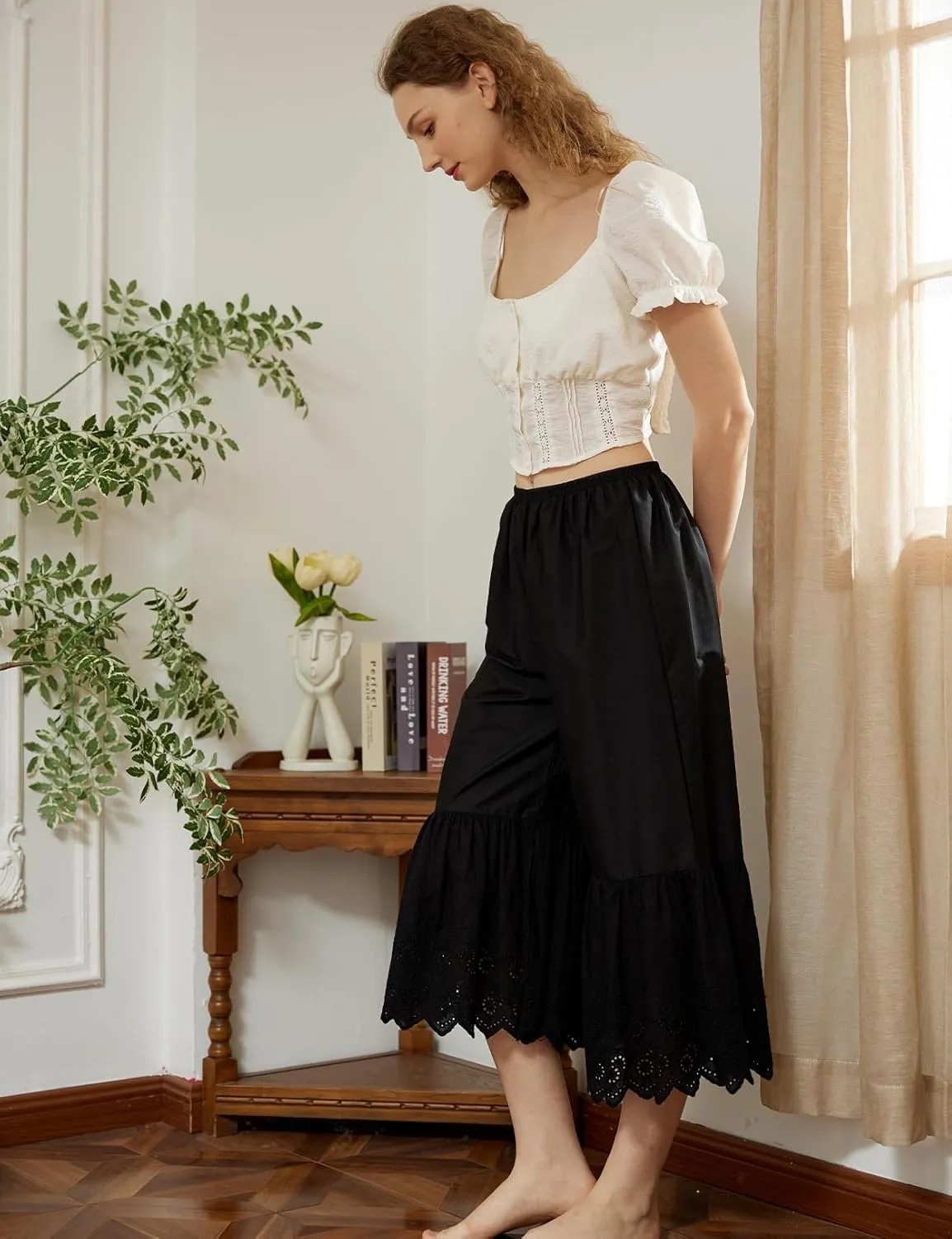 BEAUTELICATE Women Pettipants Half Slip Wide Leg Lace Trim Cotton Batiste Culotte Slip