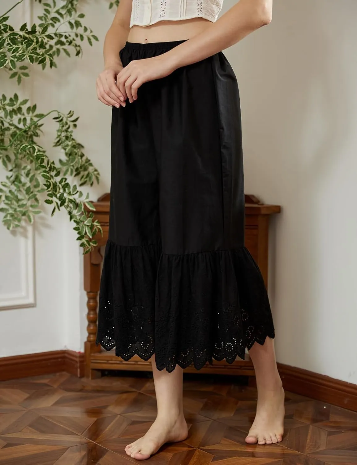BEAUTELICATE Women Pettipants Half Slip Wide Leg Lace Trim Cotton Batiste Culotte Slip
