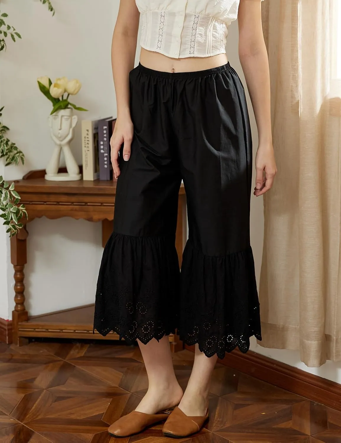 BEAUTELICATE Women Pettipants Half Slip Wide Leg Lace Trim Cotton Batiste Culotte Slip