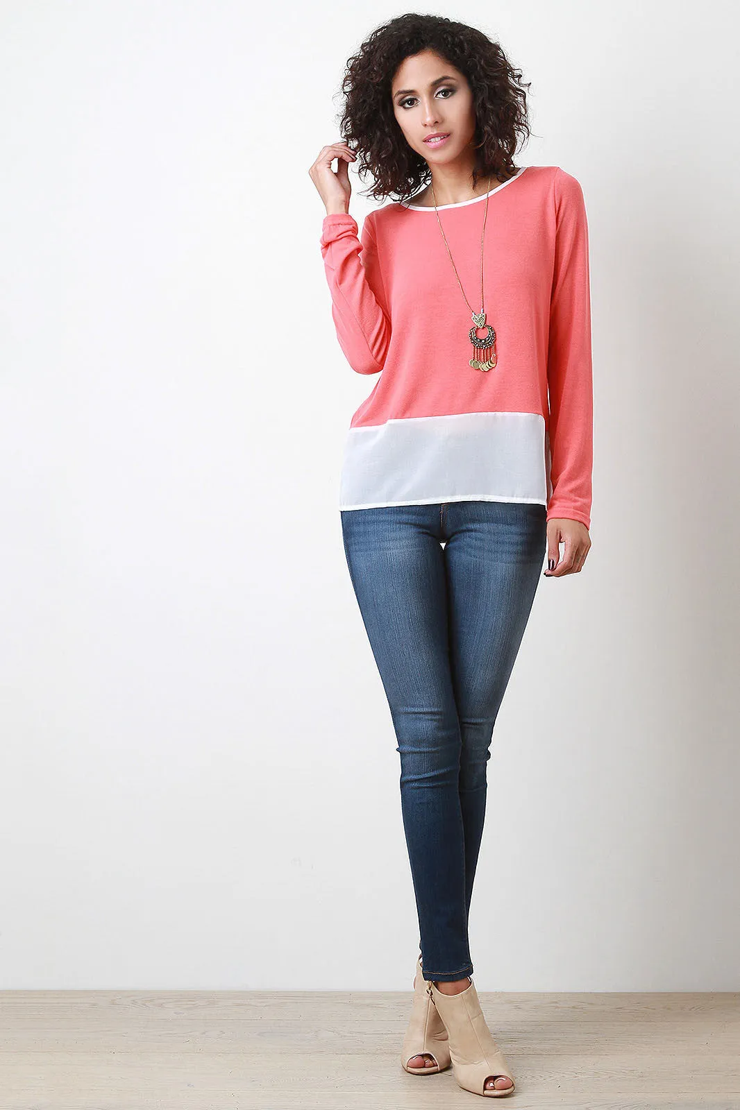 Contrast Chiffon Hem Long Sleeve Top