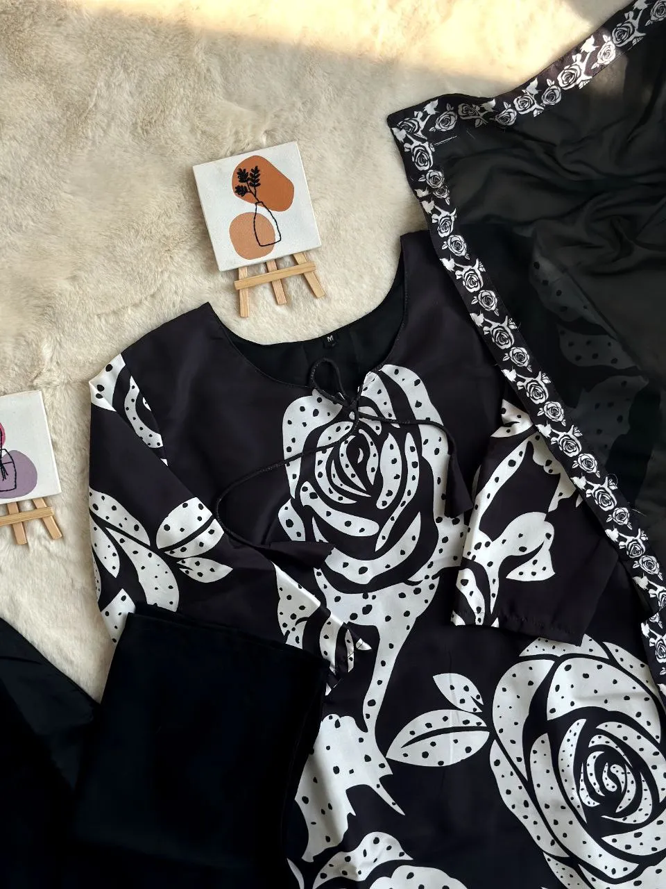 Elegant Black Maslin Cotton Kurta Palazzo Set with Printed Dupatta - Perfect for Ramadan & Parties