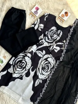 Elegant Black Maslin Cotton Kurta Palazzo Set with Printed Dupatta - Perfect for Ramadan & Parties