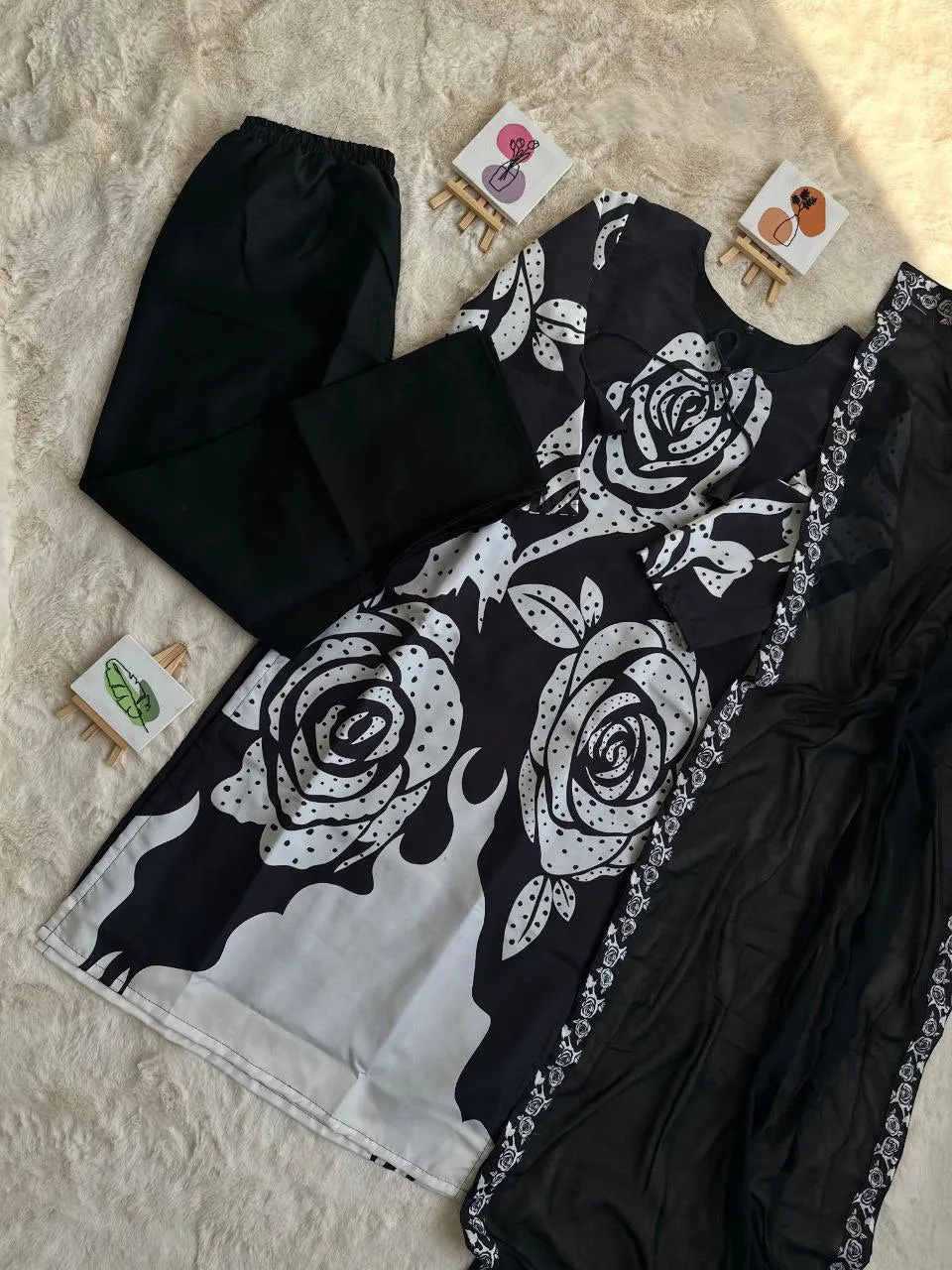 Elegant Black Maslin Cotton Kurta Palazzo Set with Printed Dupatta - Perfect for Ramadan & Parties
