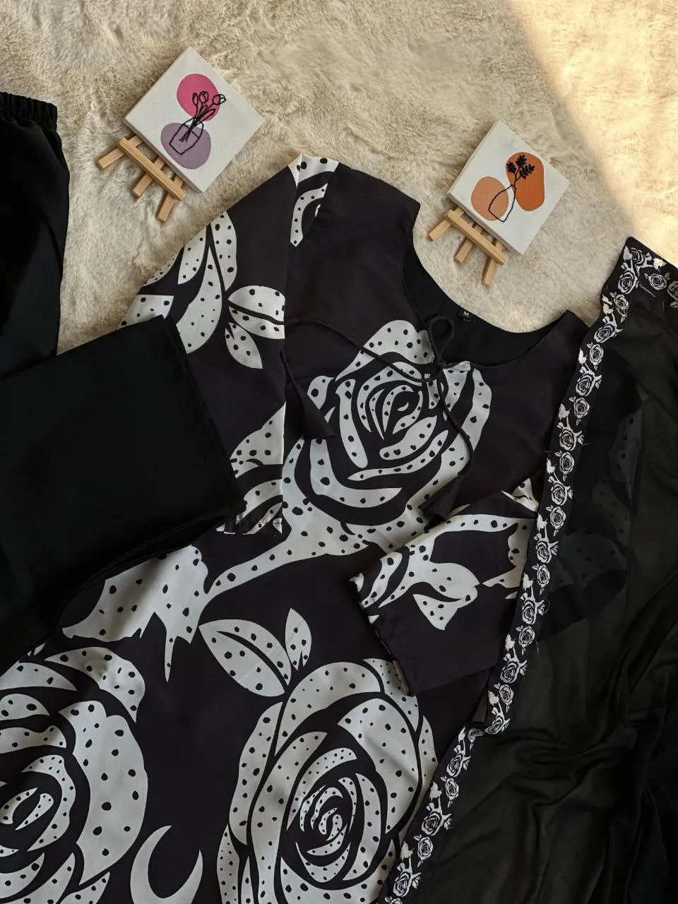 Elegant Black Maslin Cotton Kurta Palazzo Set with Printed Dupatta - Perfect for Ramadan & Parties