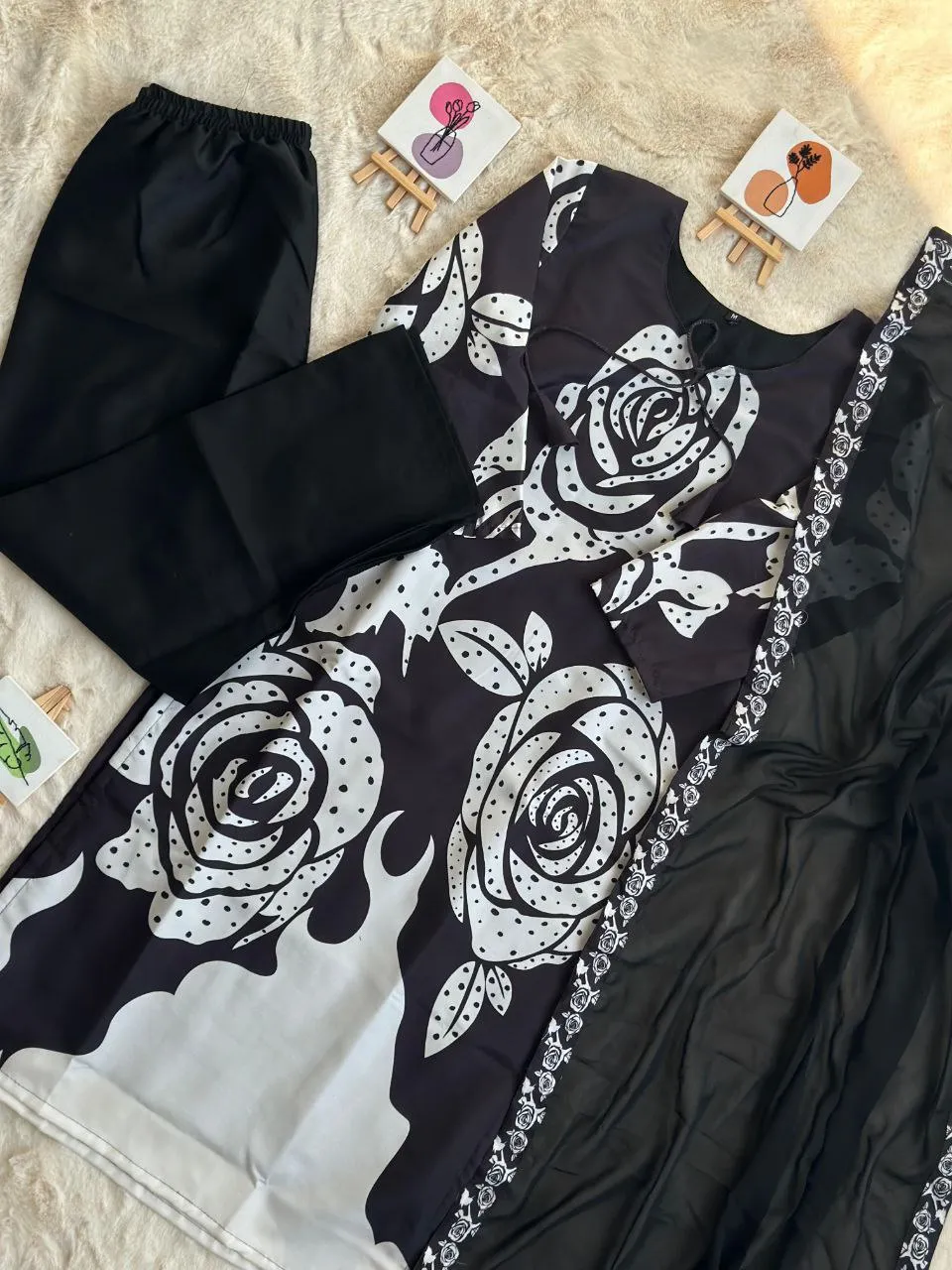 Elegant Black Maslin Cotton Kurta Palazzo Set with Printed Dupatta - Perfect for Ramadan & Parties