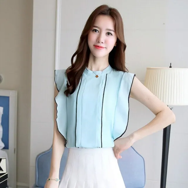 Fashion Summer White Women Sleeveless Chiffon Top