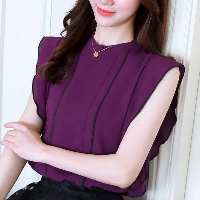 Fashion Summer White Women Sleeveless Chiffon Top