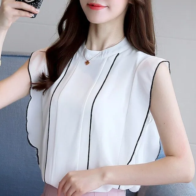 Fashion Summer White Women Sleeveless Chiffon Top