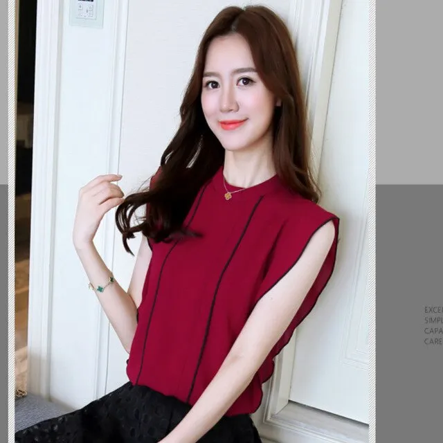 Fashion Summer White Women Sleeveless Chiffon Top