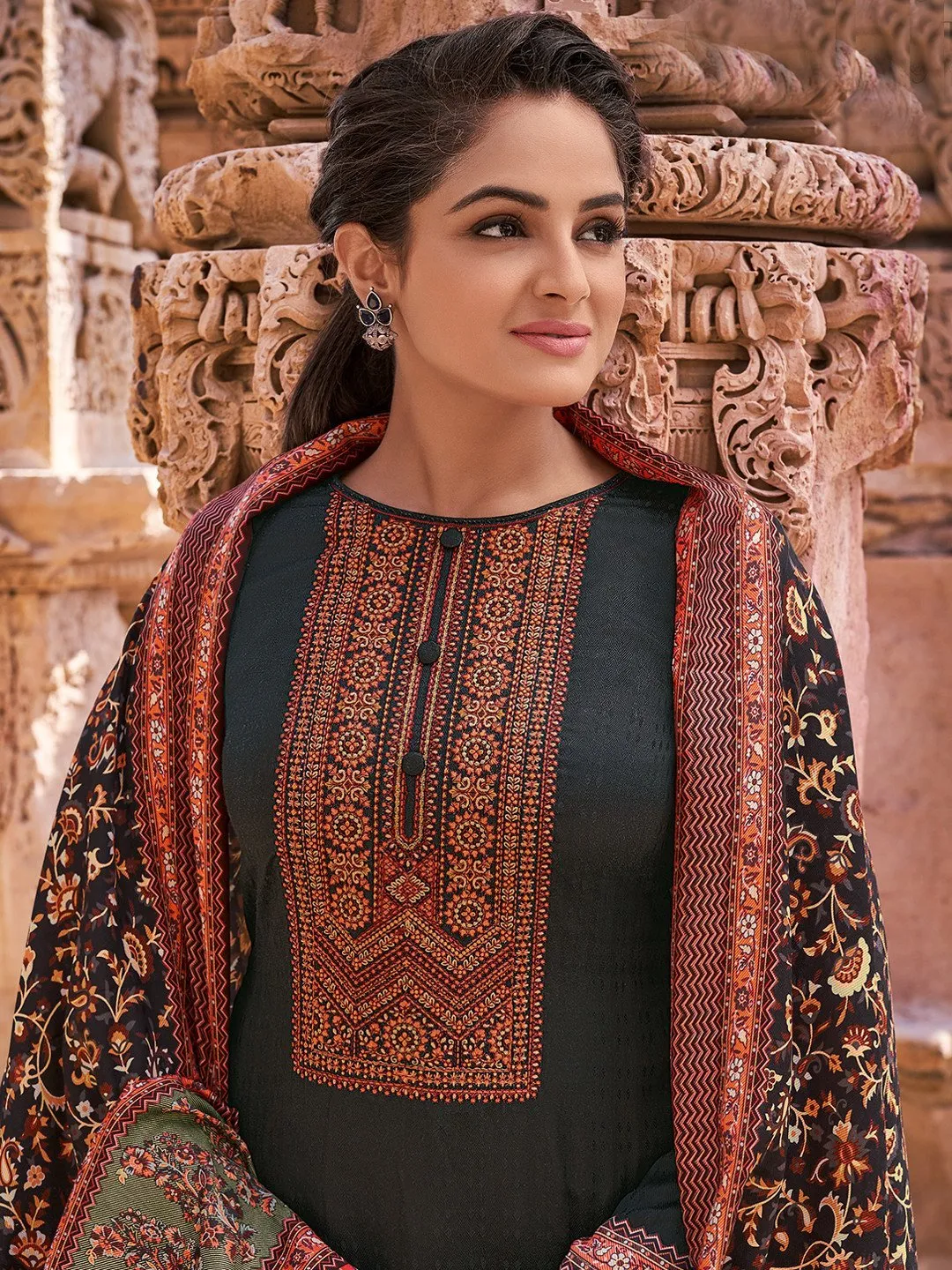 Faux Pashmina Black Unstitched Suits Dress Material for Woman