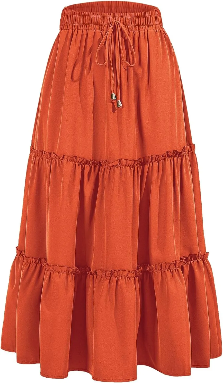 Floral High Waisted Ruffle Boho Summer Midi Skirt A-Line Swing 2025 Casual Flowy Long Skirts with Pockets