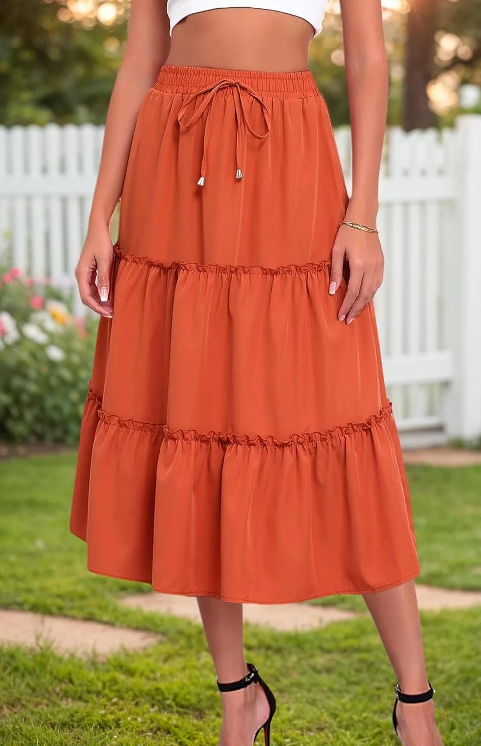 Floral High Waisted Ruffle Boho Summer Midi Skirt A-Line Swing 2025 Casual Flowy Long Skirts with Pockets