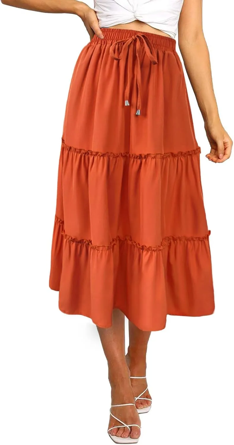 Floral High Waisted Ruffle Boho Summer Midi Skirt A-Line Swing 2025 Casual Flowy Long Skirts with Pockets