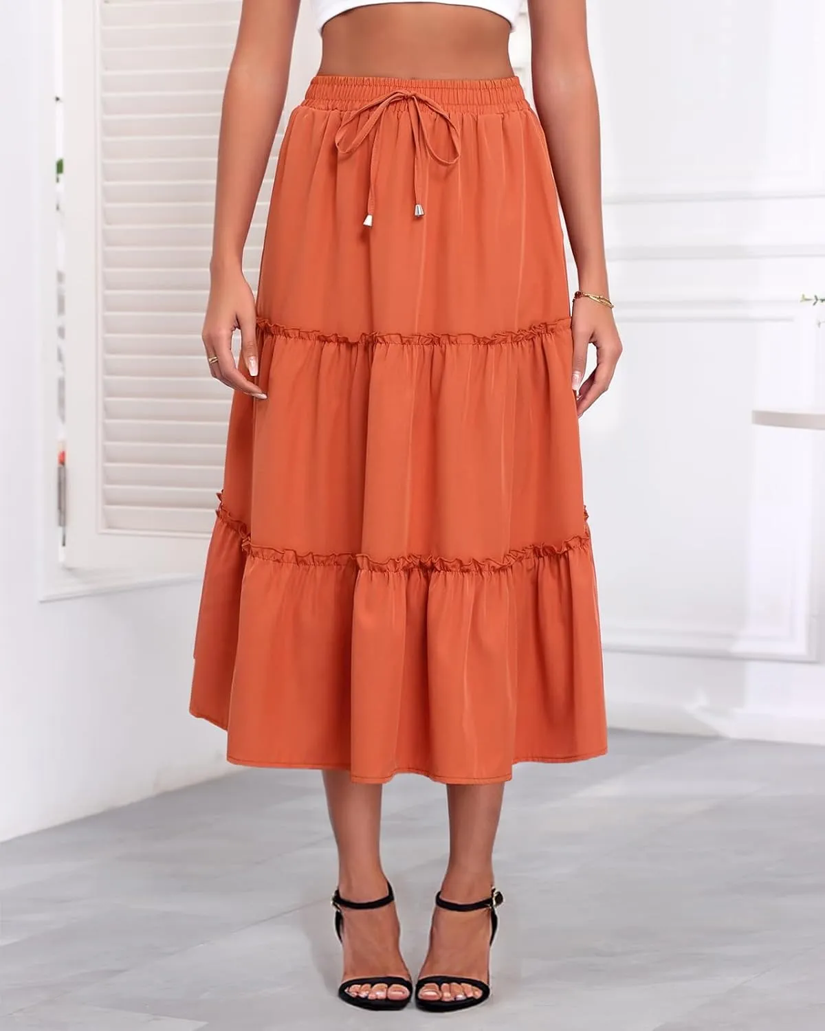 Floral High Waisted Ruffle Boho Summer Midi Skirt A-Line Swing 2025 Casual Flowy Long Skirts with Pockets