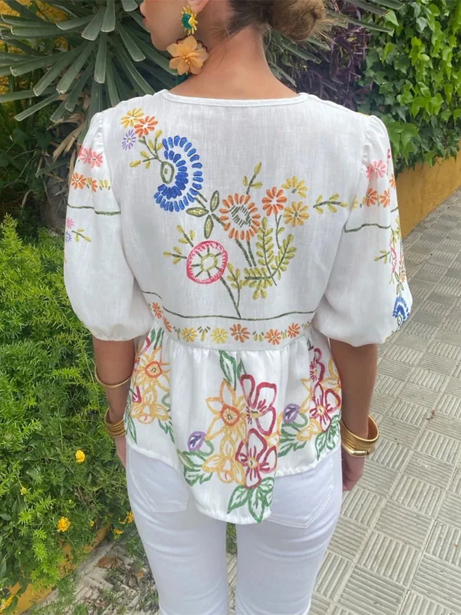 Floral Print Loose Tie Front Ruffle Hem Peplum Vintage Fashion Blouse