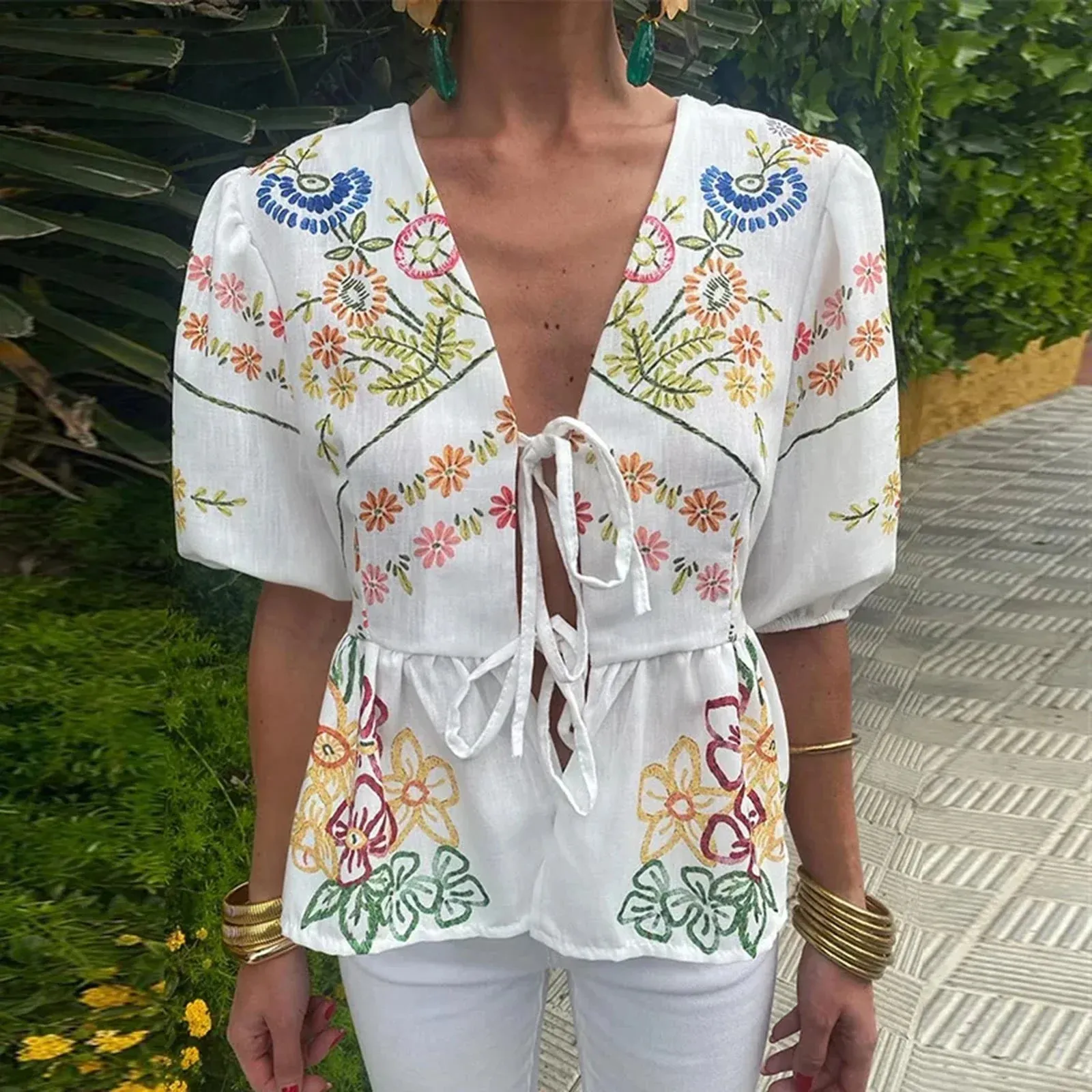 Floral Print Loose Tie Front Ruffle Hem Peplum Vintage Fashion Blouse