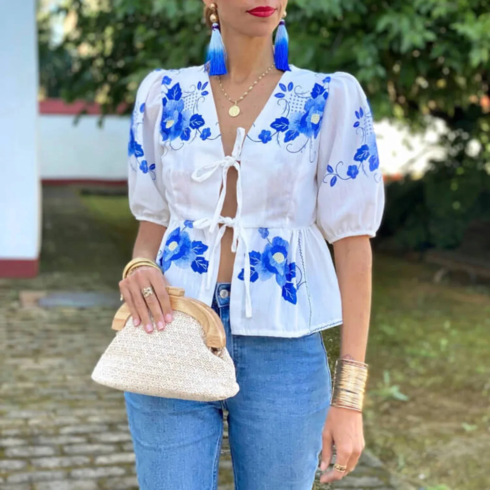 Floral Print Loose Tie Front Ruffle Hem Peplum Vintage Fashion Blouse