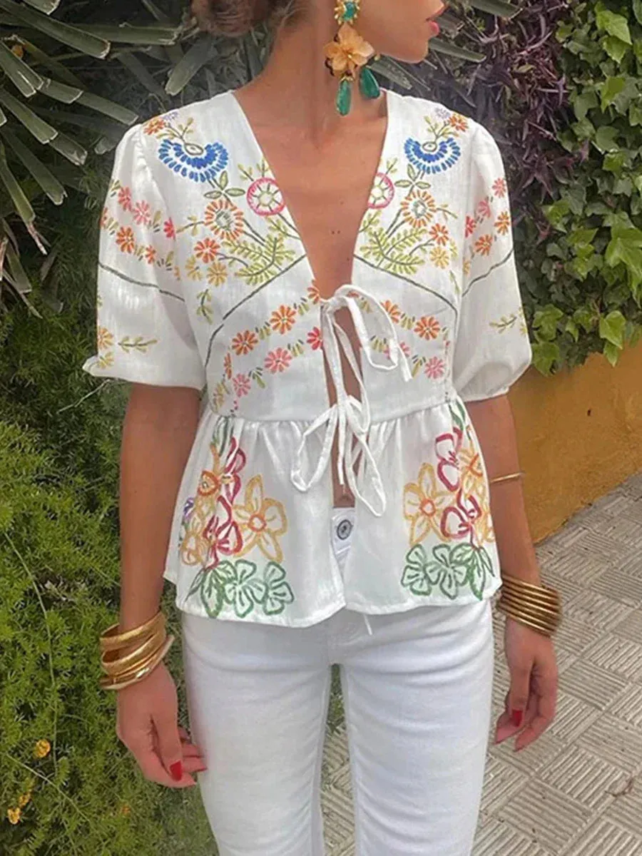 Floral Print Loose Tie Front Ruffle Hem Peplum Vintage Fashion Blouse