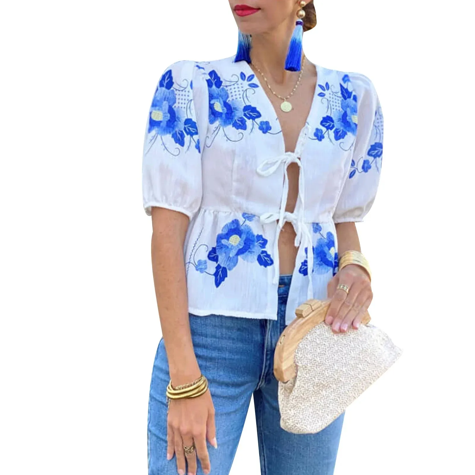 Floral Print Loose Tie Front Ruffle Hem Peplum Vintage Fashion Blouse