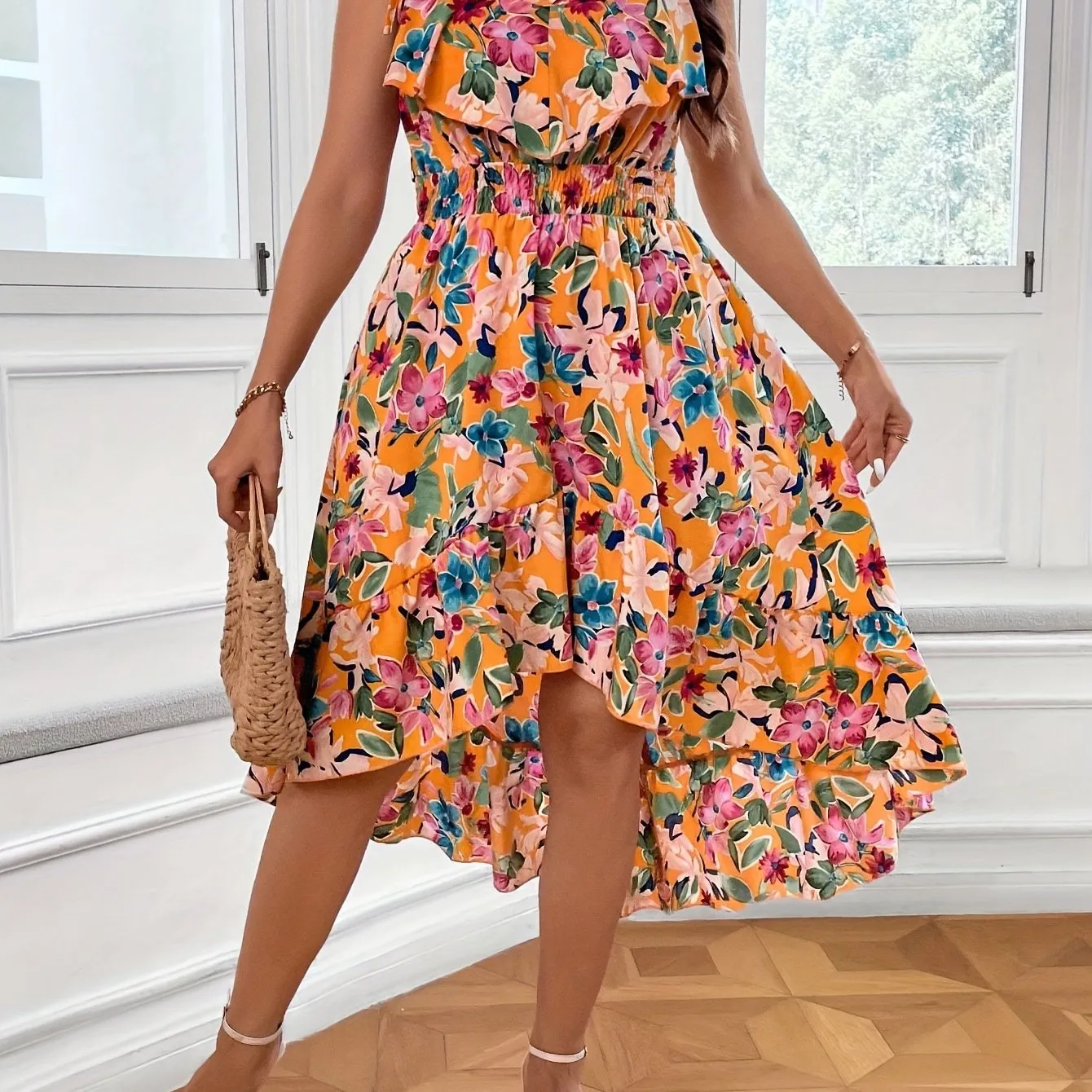 Floral Print Ruffle Trim Cami Dress - Elegant Spring & Summer Sleeveless Dress