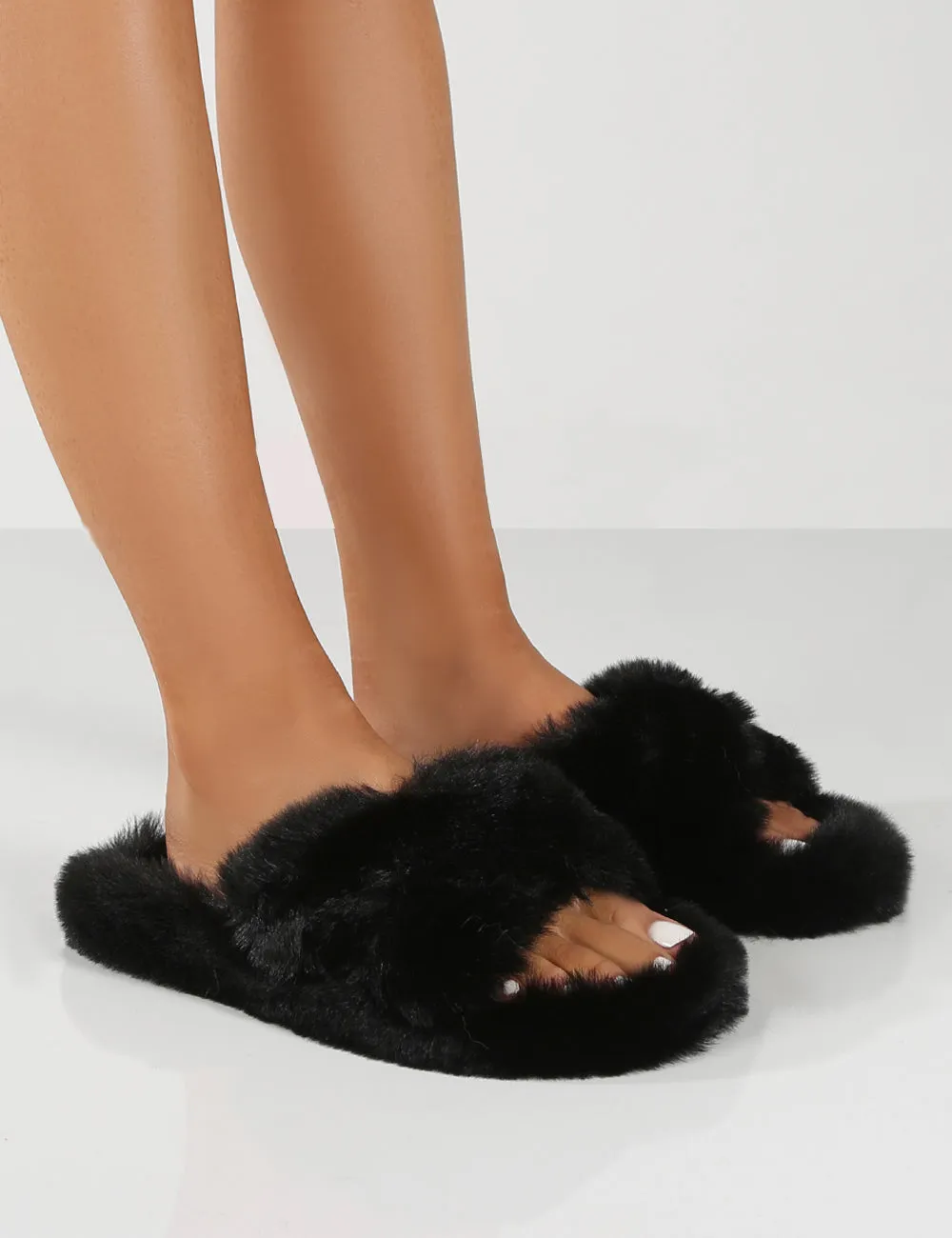 Fluffy Black Faux Fur Cross Over Slipper