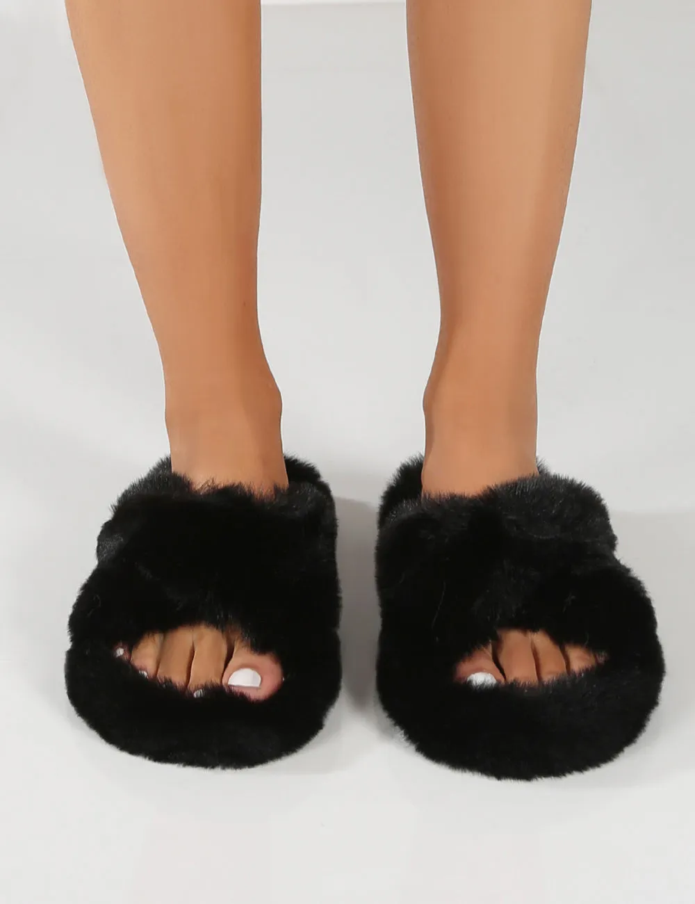 Fluffy Black Faux Fur Cross Over Slipper