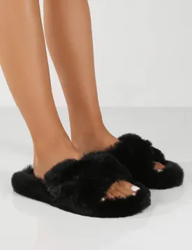 Fluffy Black Faux Fur Cross Over Slipper