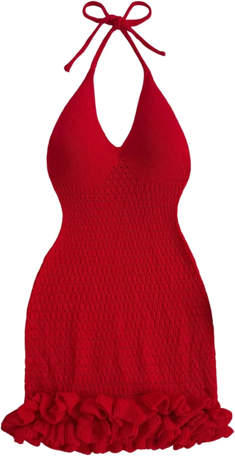GORGLITTER Women's Crochet Halter Bodycon Mini Dress Bow Open Back Sleeveless Bubble Summer Knit Dress Elegant Classy