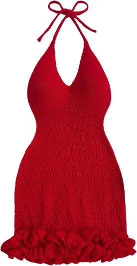 GORGLITTER Women's Crochet Halter Bodycon Mini Dress Bow Open Back Sleeveless Bubble Summer Knit Dress Elegant Classy