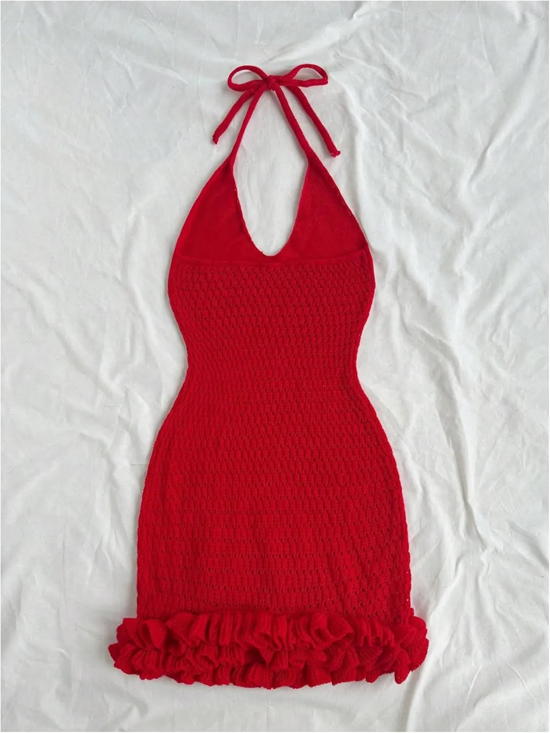 GORGLITTER Women's Crochet Halter Bodycon Mini Dress Bow Open Back Sleeveless Bubble Summer Knit Dress Elegant Classy