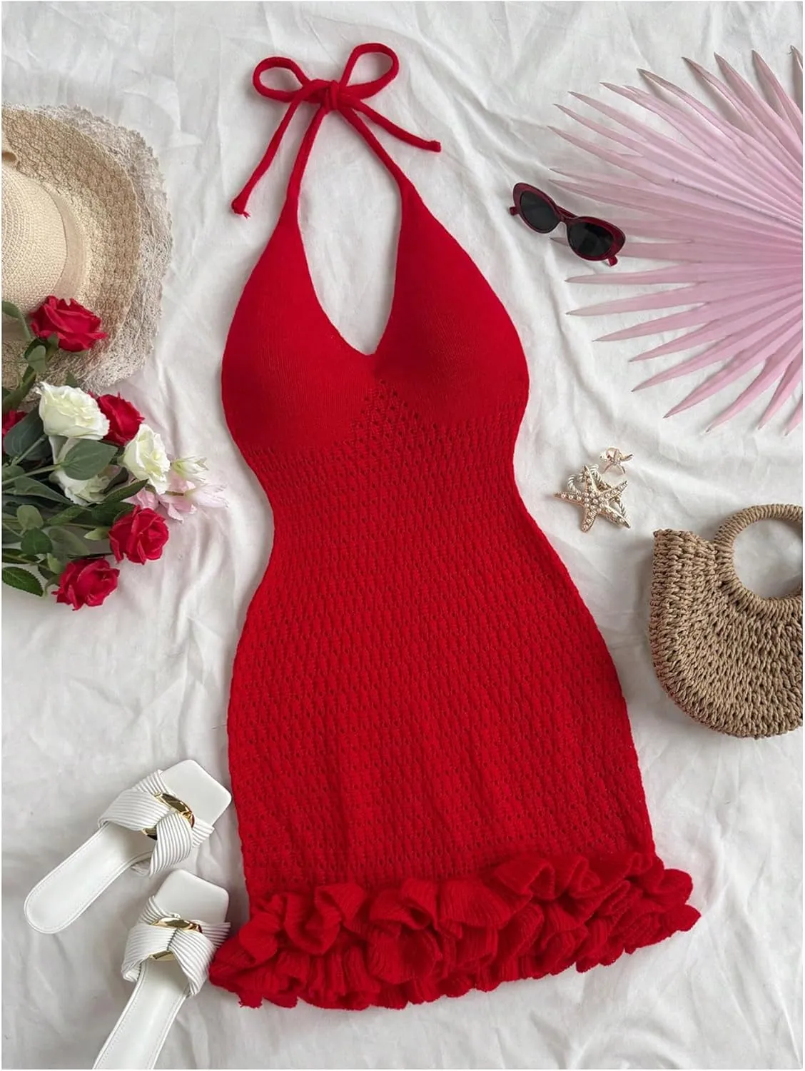 GORGLITTER Women's Crochet Halter Bodycon Mini Dress Bow Open Back Sleeveless Bubble Summer Knit Dress Elegant Classy