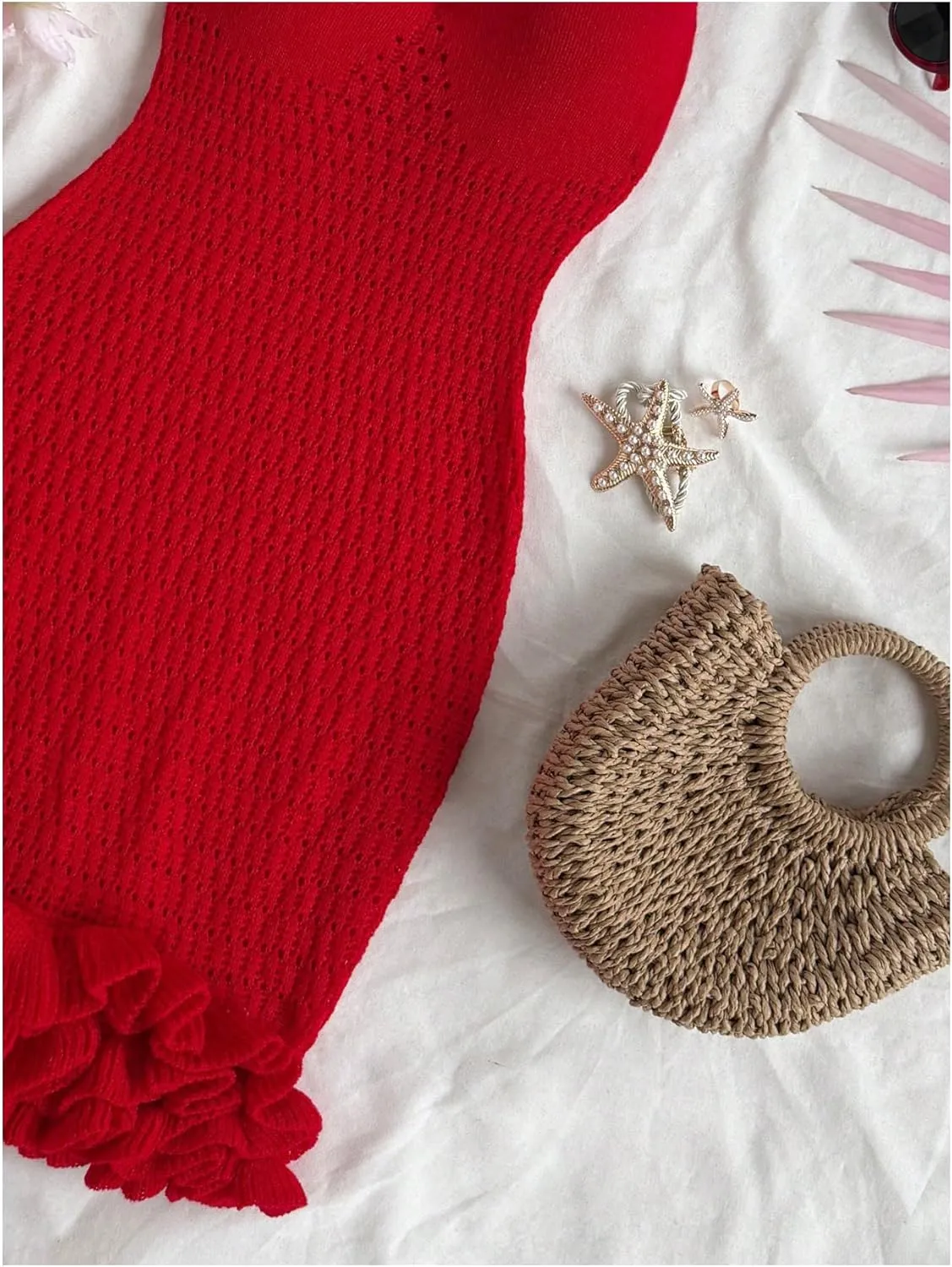 GORGLITTER Women's Crochet Halter Bodycon Mini Dress Bow Open Back Sleeveless Bubble Summer Knit Dress Elegant Classy