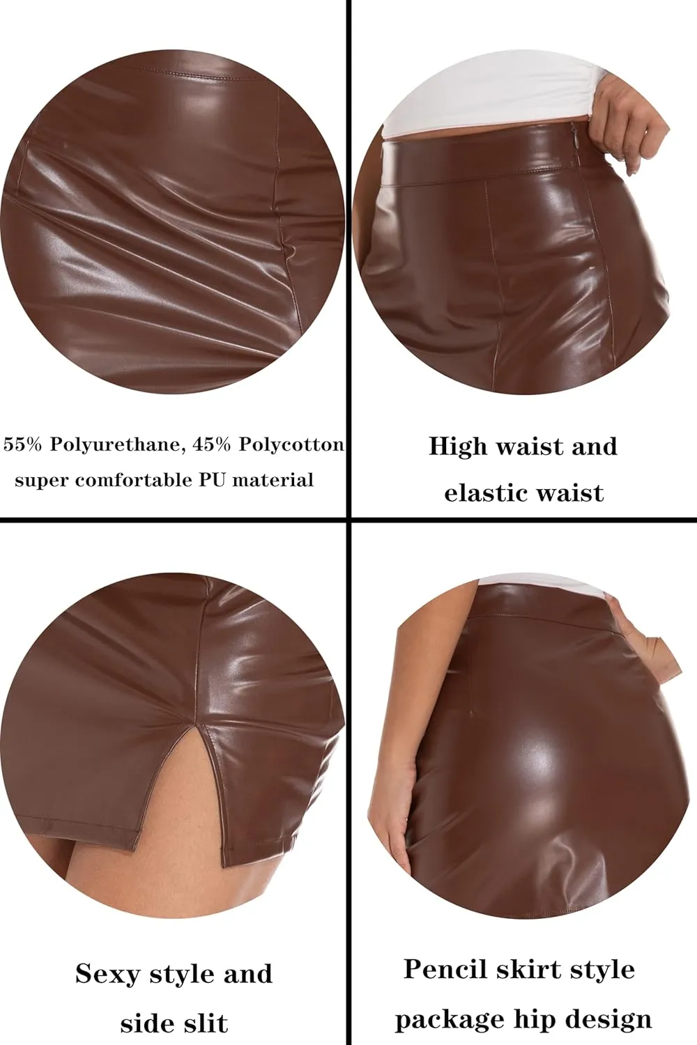 GUANYY Womens Leather Skirt High Waisted Stretchy Slit Faux Pleather Bodycon Party Mini Skirts