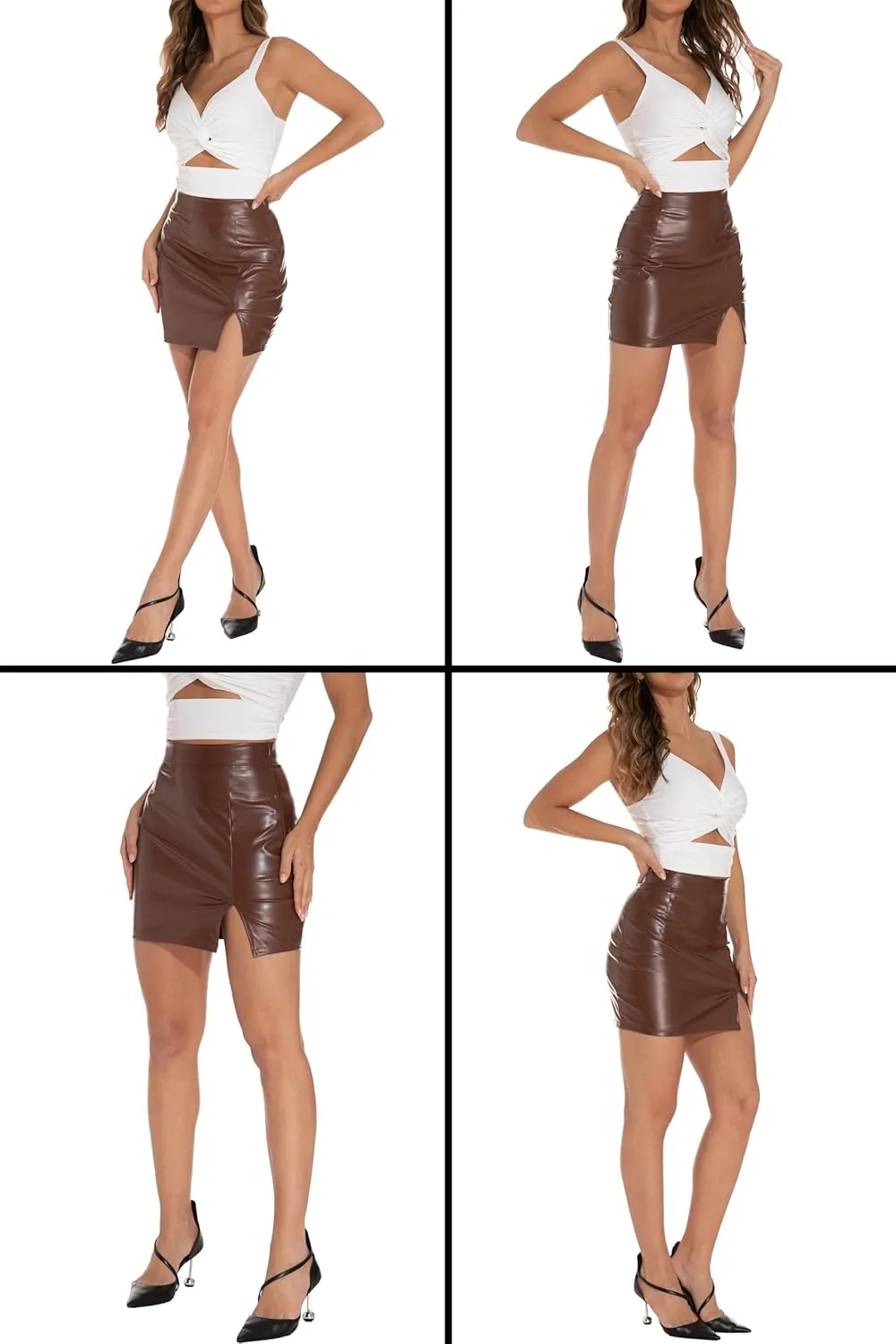 GUANYY Womens Leather Skirt High Waisted Stretchy Slit Faux Pleather Bodycon Party Mini Skirts