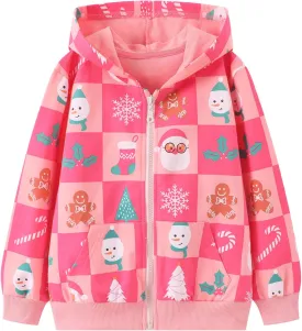 HILEELANG Girl Zip-Up Hoodie Sweatshirt Christmas Cotton Fall Spring Lightweight Jacket Outerwear