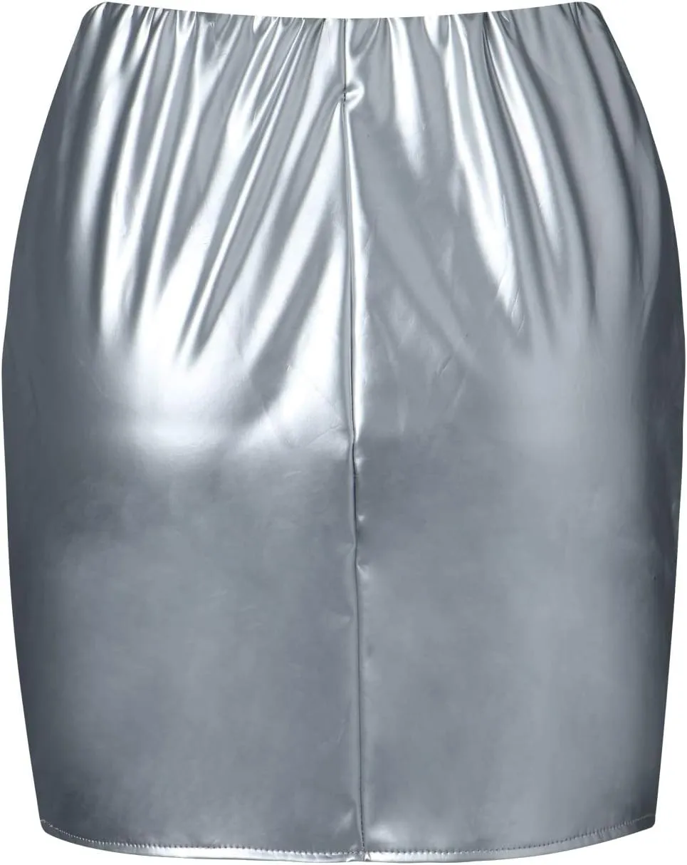 HYxwrjoker Women High Waist PU Latex Bodycon Mini Pencil Skirts Leather Bright Straight A-Line Slim Tight Clubwear