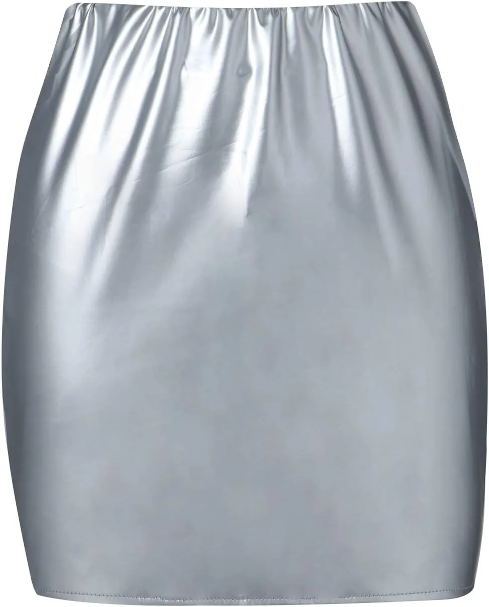 HYxwrjoker Women High Waist PU Latex Bodycon Mini Pencil Skirts Leather Bright Straight A-Line Slim Tight Clubwear