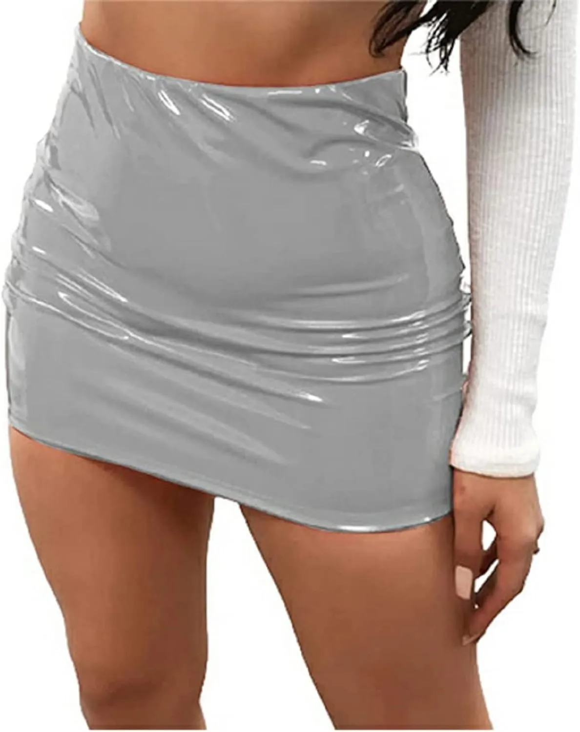 HYxwrjoker Women High Waist PU Latex Bodycon Mini Pencil Skirts Leather Bright Straight A-Line Slim Tight Clubwear