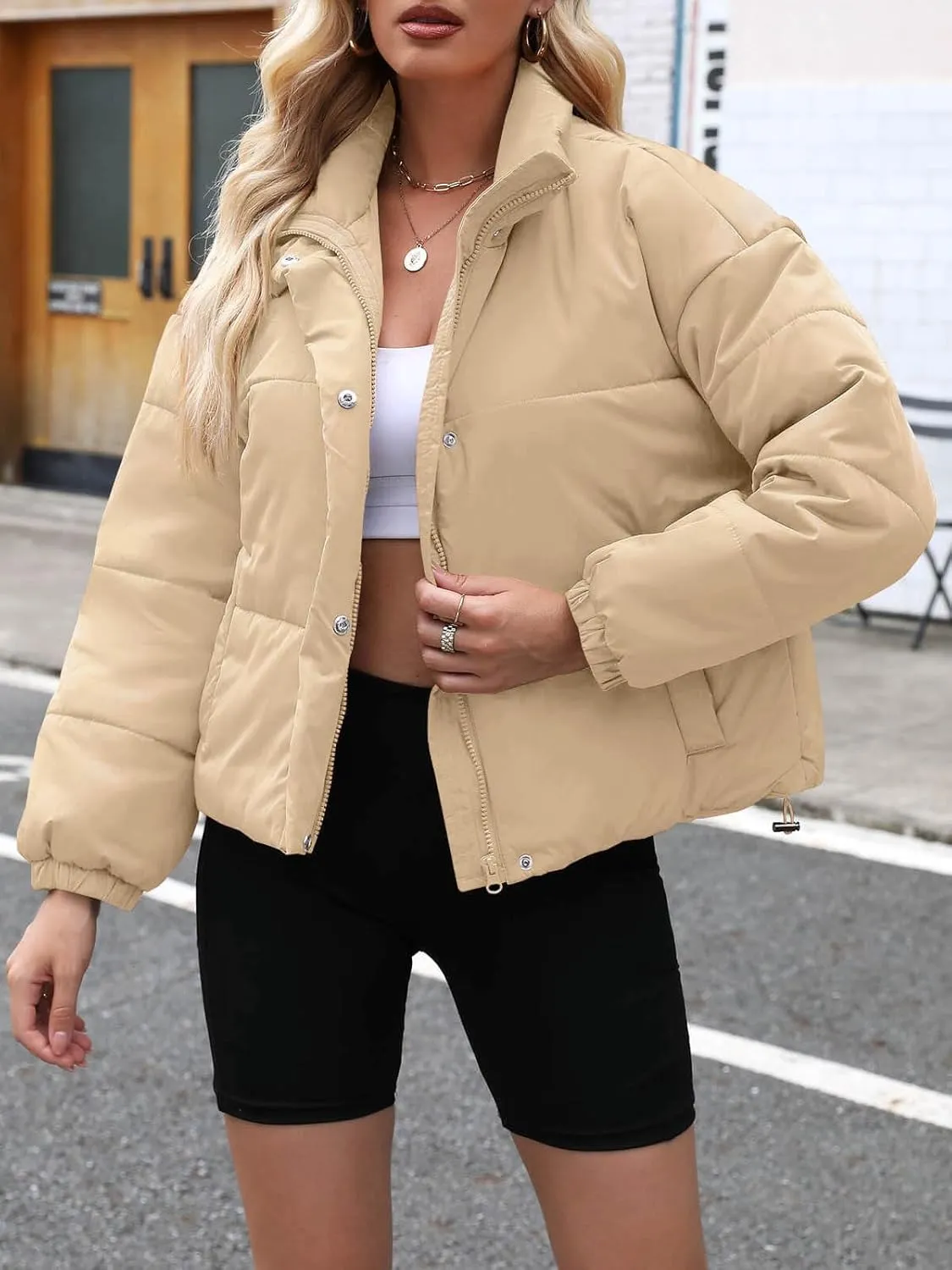 Imily Bela Womens Cropped Puffer Jackets Long Sleeve Stand Collar Coats Quilted Zipper Outerwear