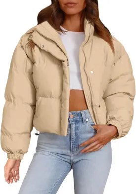 Imily Bela Womens Cropped Puffer Jackets Long Sleeve Stand Collar Coats Quilted Zipper Outerwear