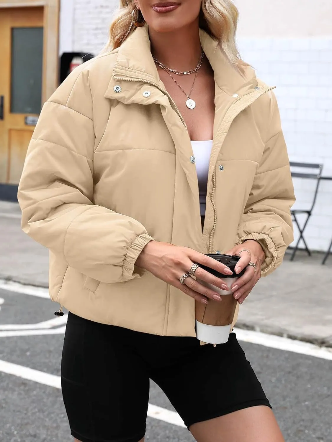 Imily Bela Womens Cropped Puffer Jackets Long Sleeve Stand Collar Coats Quilted Zipper Outerwear