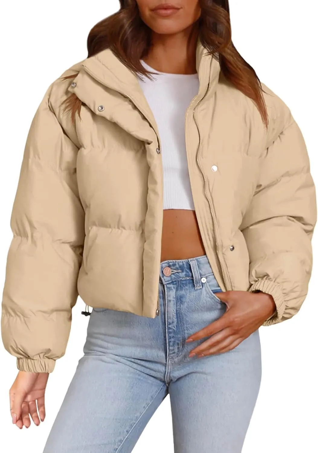 Imily Bela Womens Cropped Puffer Jackets Long Sleeve Stand Collar Coats Quilted Zipper Outerwear
