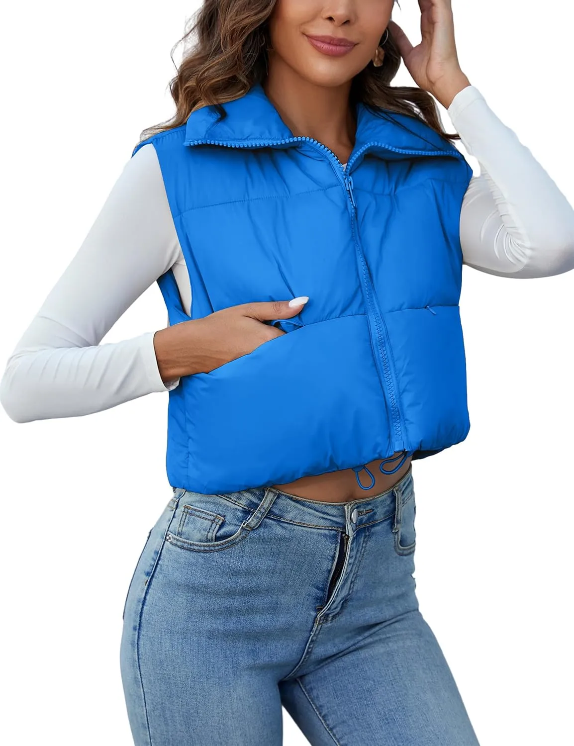 Kissonic Women's Padded Down Vest Puffer Stand Collar Zip Up Crop Sleeveless Jacket