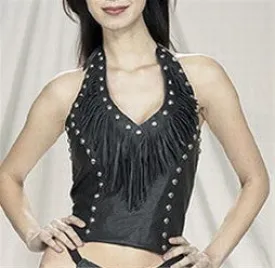 Ladies Leather Vest Halter with Fringe & Studs