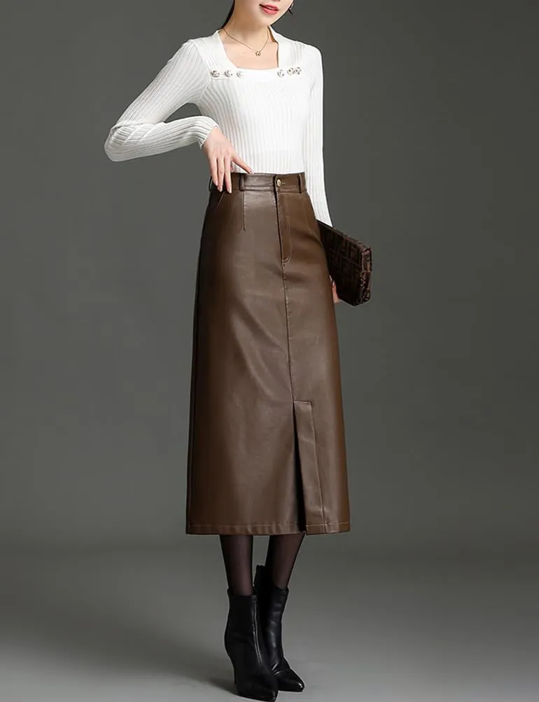 Long Leather Skirts for Women Casual High Waisted Fall Winter Bodycon Midi Skirt with Slit