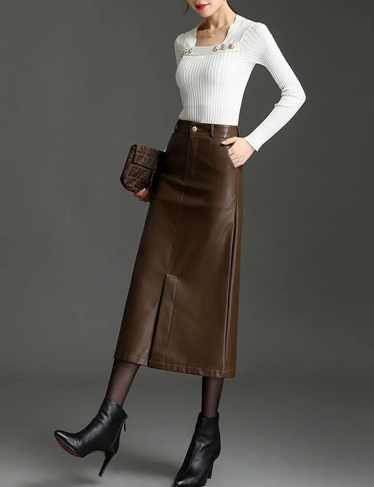 Long Leather Skirts for Women Casual High Waisted Fall Winter Bodycon Midi Skirt with Slit