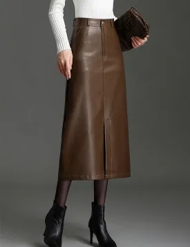 Long Leather Skirts for Women Casual High Waisted Fall Winter Bodycon Midi Skirt with Slit